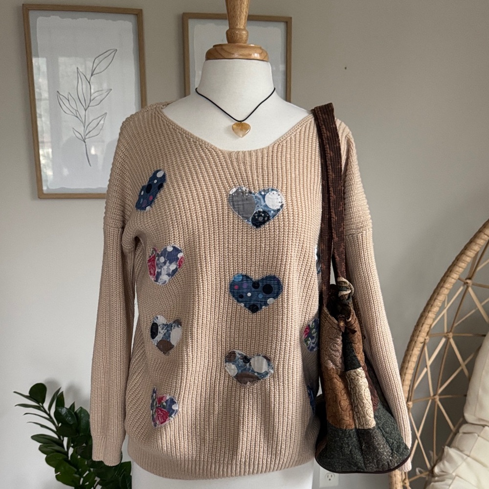 Patchwork Heart Appliqué Sweater | Tan Cozy Knit | Size S/M